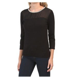 CABLE & GAUGE  Three-quarter Sleeve Pullover With Beaded Neck